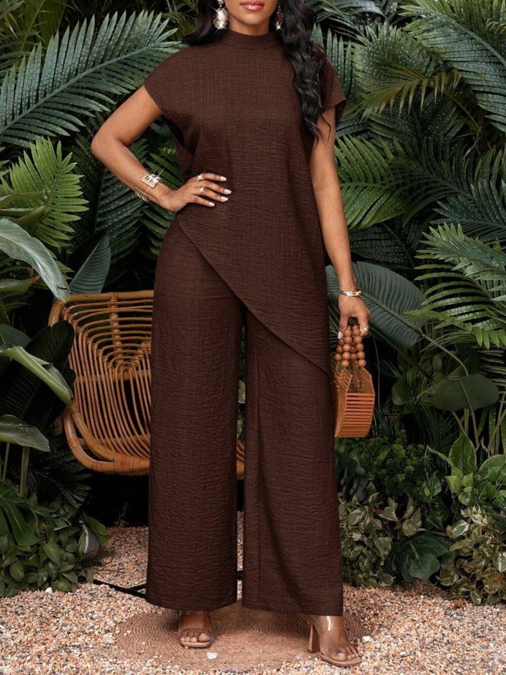 Brown Minimalist Casual Women's Short Sleeve Top and Pants Set Office Wear
